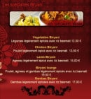 Menu Indian Lounge - Les spécialités biryani