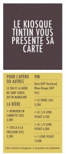 Menu Kiosque Tintin - Les apéros, bières et vins