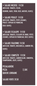 Menu Kiosque Tintin - Les salades, pissaladière, pizza...