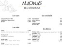 Menu Maonas - Les cocktails, softs et bières