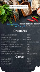 Carte et menu de Le Repère Des Profondeurs à Cagnes sur Mer — Les crustacés et caviar