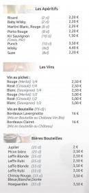 Menu La Croustillade - Les apéritifs, vins et bières