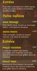 Menu Soleil de l' Inde - Entrées