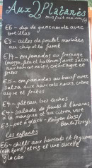Carte et menu de Aux Deux Platanes à Caunes Minervois — L'ardoise