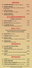 Menu Shimla - Les bryanis, les accompagnements, les pains...