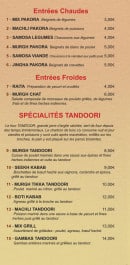 Menu Shimla - Les entrées  et les spécialités tandoori