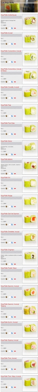 Menu Sushikoste - Les Soja Rolls