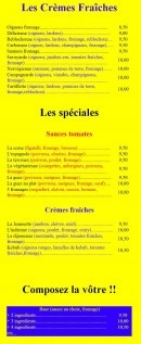 Menu Pizza le 26 - Les pizzas crèmes fraîches et les spéciales