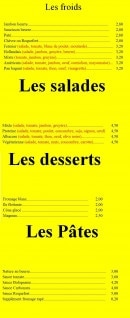 Menu Pizza le 26 - Les sandwichs froids, les salades, les desserts et les pâtes