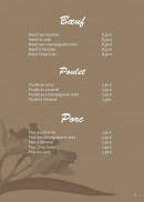 Menu Restaurant Orchidée - Les boeuf, poulet et porc