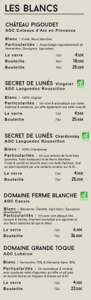 Menu La Cabane - Les vins blancs