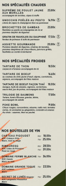 Menu La Cabane - Les spécialités, bouteilles de vin à emporter
