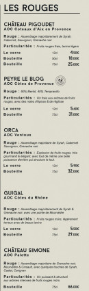 Menu La Cabane - Les vins rouges