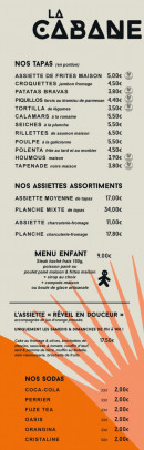 Menu La Cabane - Les tapas, assiettes assortiments à emporter