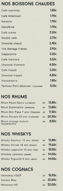 Menu La Cabane - Les boissons chaudes, rhums, ...