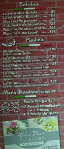 Carte et menu de La Fabbrica 32 à Trouville sur Mer — Entrées, piadina et menu bambino