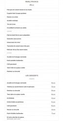 Carte et menu de Café de France à Villers sur Mer — Le menu france et desserts