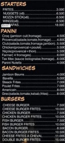 Menu Le k'fé - Les starters, paninis, sandwiches et burgers 