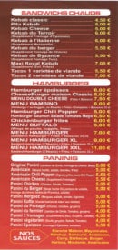 Menu Délices de Byzance - Les sandwiches chauds, hamburgers et paninis