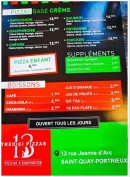 Carte et menu de Tredici Pizzas à Saint Quay Portrieux — Les pizzas base crème, suppléments et boissons