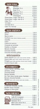 Menu La Potiniere - Les vins, les crepes, les flambees, les desserts et bieres