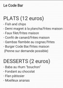 Menu Code Bar - Les plats, desserts