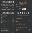 Menu Bella Ciao - Les desserts, boissons et vins, ...