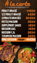 Carte et menu de Au poulet braisé à Louviers — Poulet braise, suppléments et boissons,...