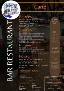 Carte et menu de L'Auberge Du Poney Qui Tousse à Treffiagat — Les entrées, viandes et burgers, ...