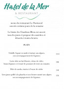 Menu Hôtel de La Mer - Les plats