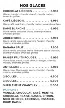 Menu Le Bistrot - Les glaces