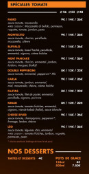 Menu Dany's Pizza - Les pizzas spécial tomate, desserts