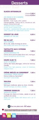 Menu Club 15 - Les desserts