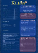 Menu Le Klein's - Les spiritueux, vins et petites soifs,...
