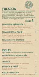 Menu Boccaccia - Focaccia, et dolci