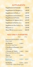Carte et menu de La Route des Epices à Saint Medard en Jalles — Suppléments et vin