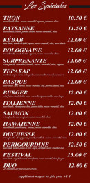 Menu Au festival des pizzas - Les pizzas spéciales