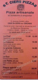 Carte et menu de Saint Ciers Pizzas à Saint Ciers sur Gironde — Les pizzas: la chef, la calzone...