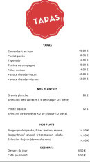 Menu Chez lez Amis - Les tapas, plats et desserts, ...