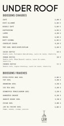 Menu Under Roof Bar - Les boissons chaudes et boissons fraiches