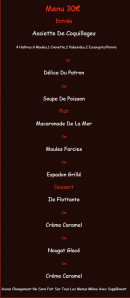 Carte et menu de La Palourdiére à Bouzigues — Menu 30€