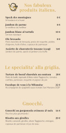 Carte et menu de Mademoiselle Boris à Castelnau le Lez — Les fabuleux produits italiens, spécialités et gnocchi