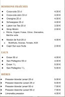 Menu Le F - Les boissons fraîches, eaux et bières