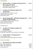 Menu Le F - Les vins rosés, vins blancs et vins en pichets