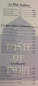 Carte et menu de Taste of India à Saint Meen le Grand — Les plats tandoori, spécialités ceylanaises et desserts