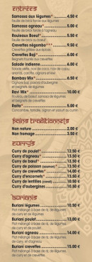 Menu Restaurant Indien - Les entrées, currys et buryanis, ...