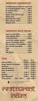 Menu Restaurant Indien - Les boissons et vins