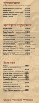 Menu Restaurant Indien - Les plats, spécialités et desserts