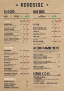 Menu Roadside - Les burgers, hot dog et accompagnements, ...