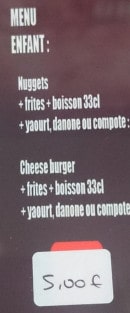 Menu Burger Bar - Menu enfant